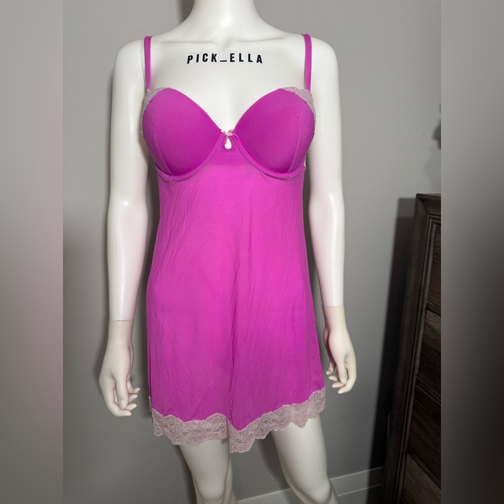 34D Victoria's Secret Chemise Lingerie Slip Lace Trim Fushia